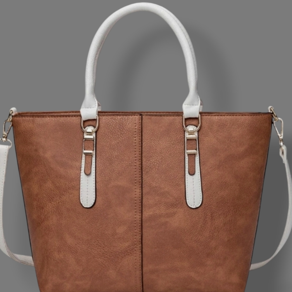 🛑BOGO 1/2🆕Luggage Brown/White Vegan Leather Satchel